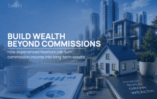 Real estate investment concept with a house model, coins, financial charts, and modern properties